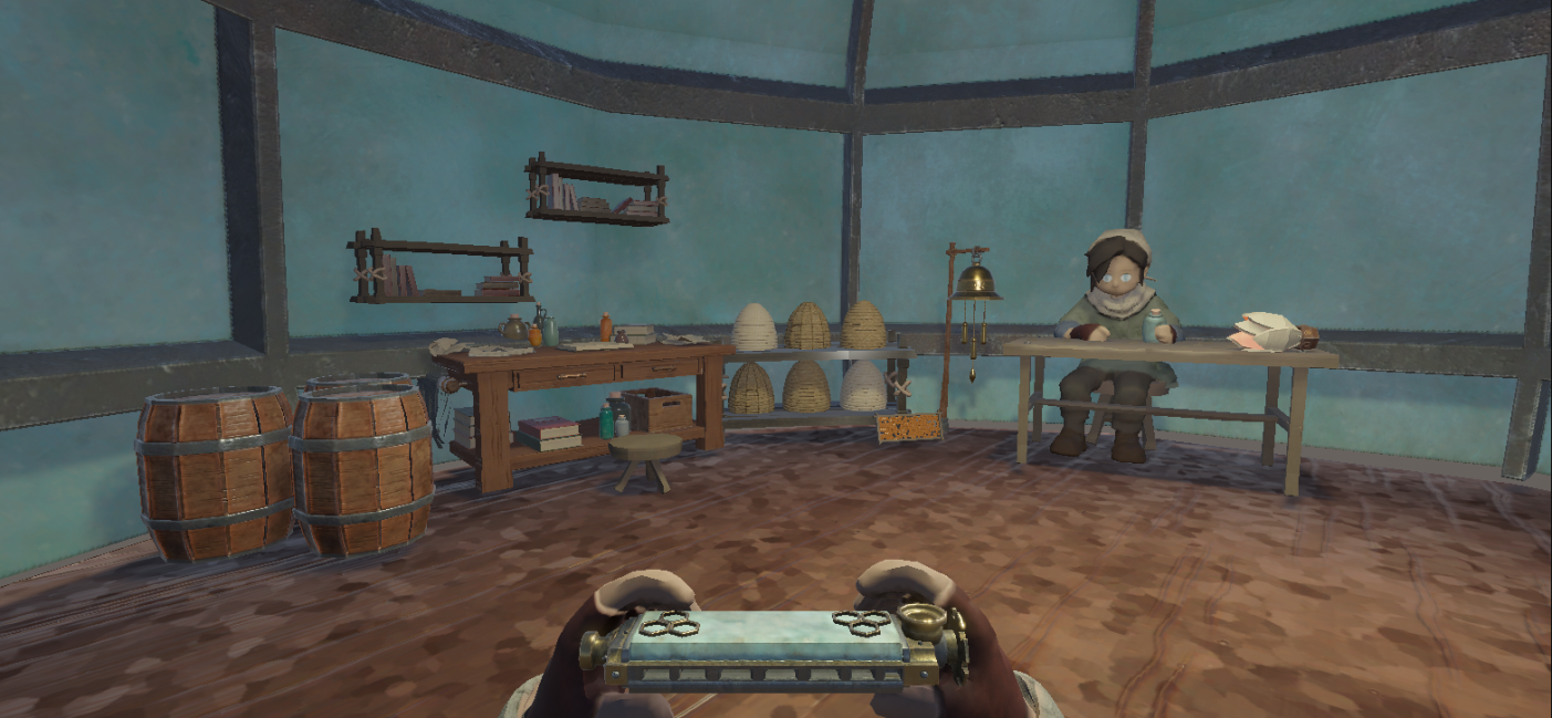 In-game: inside a round wooden workshop, barrels, shelves of jars and a row of skep hives, a figure seated at a workbench, the harmonica held at the bottom of the frame.